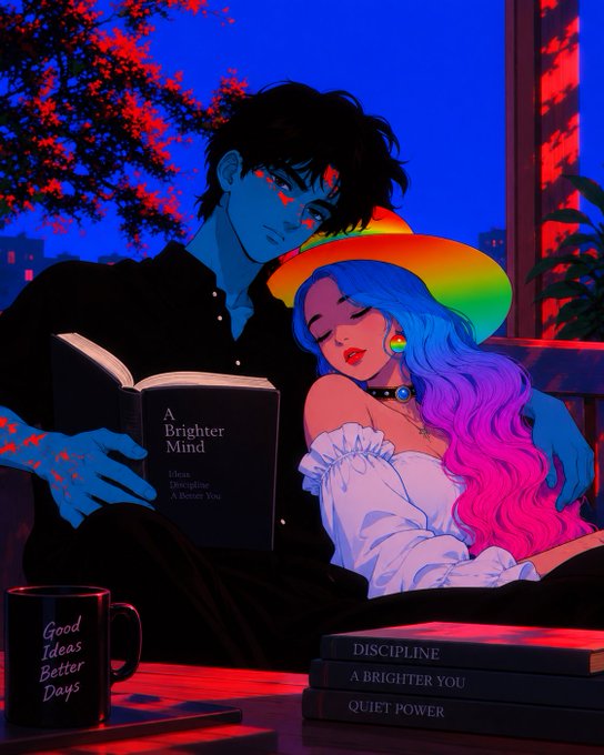 A vibrant anime-style digital illustration of a blue-skinned figure holding a book titled 'A Brighter Mind' while a woman with rainbow hair rests against them, surrounded by books labeled 'DISCIPLINE', 'A BRIGHTER YOU', and 'QUIET POWER', with a mug reading 'Good Ideas Better Days'.