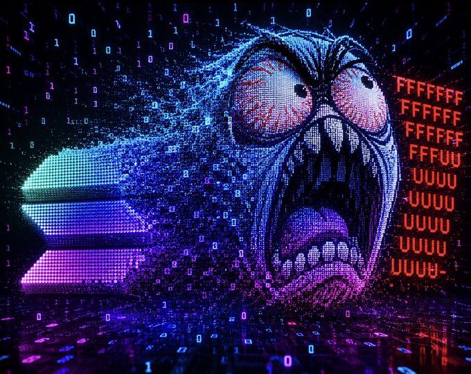A pixelated, glitching "Rage Face" meme screams in a digital void of cascading binary code, with "FFFFUUUU" displayed in bold red on the right—directly visualizing the classic internet rage meme referenced as the $Rageguy token in the post's argument to invest in OG meme culture.