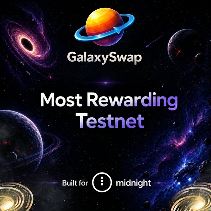 The image features a poster with a black background, featuring a colorful depiction of planets and stars against a dark sky. The text "GalaxySwap" is written at the top, followed by "Most rewarding Testnet". Below this, there are two descriptions related to the image. One description reads "Built for i3 Midnight", while another one says "built for i3 midnight". These descriptions suggest that the poster might be promoting a new testnet or highlighting its features and benefits.