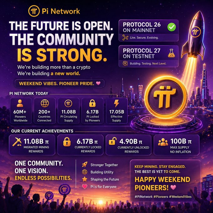 The image is a vibrant Pi Network promotional graphic stating "The Future Is Open. The Community Is Strong," highlighting that Protocol 26 is live on Mainnet and Protocol 27 is on Testnet, with key stats including 60M+ Pioneers, 200+ countries, 11.08B Pi circulating, 6.17B locked, and 17.05B effective supply. It visually reinforces the post's weekend message by showcasing milestones like 11.08B migrated mining rewards and 4.90B unlocked rewards, ending with "Happy Weekend Pioneers!" to rally the community.