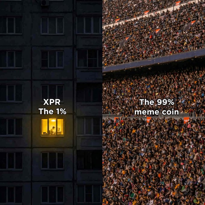 A split image meme: the left side shows a single lit window in a dark apartment building labeled 'XPR - The 1%', while the right side shows a massive crowded stadium labeled 'The 99% meme coin'.