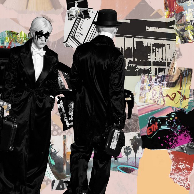 A stylized collage artwork depicts two figures in dark formal attire, one wearing a top hat and the other in a tuxedo, set against a mixed-media background featuring a game controller, palm trees, and urban imagery.