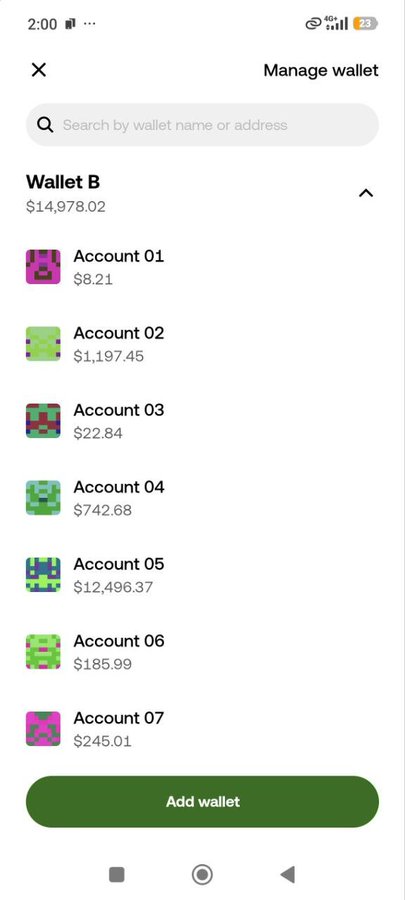 Screenshot of a crypto wallet management screen showing "Wallet B" with a balance of $14,978.02, containing 7 accounts with balances ranging from $8.21 to $12,496.37, alongside an "Add wallet" button. The image illustrates the pain of crypto users who retain access to their wallets but own almost nothing, contrasted with the poster's predicament of having likely valuable bitcoin but no access.