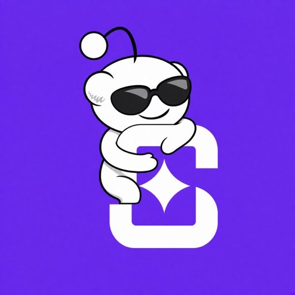 A cartoon character wearing sunglasses clings to a white logo with a sparkle on a purple background.