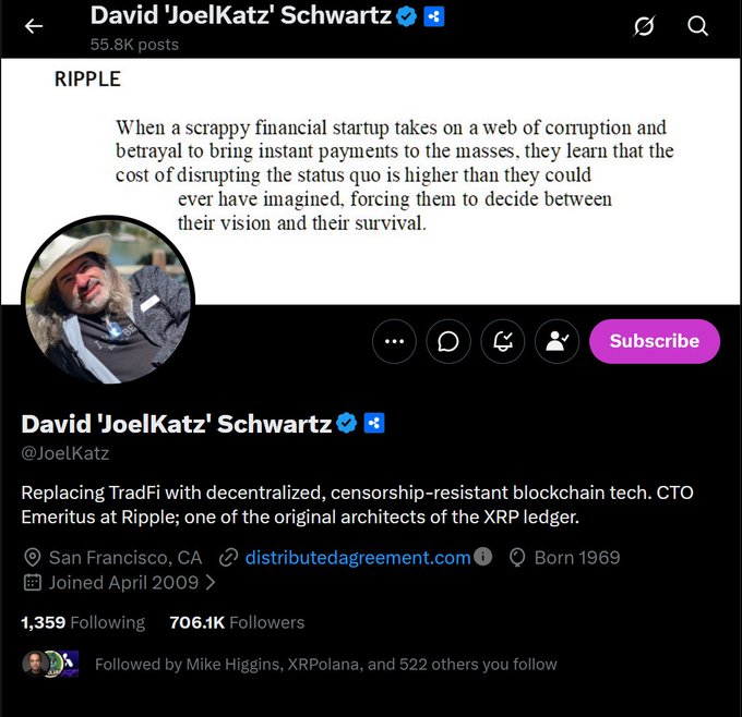 The image shows the Twitter/X profile of David 'JoelKatz' Schwartz (@JoelKatz), CTO Emeritus at Ripple and one of the original architects of the XRP ledger, featuring his pinned "RIPPLE" post about the costs of disrupting the status quo and a profile banner with 55.8K posts, 706.1K followers, and bio describing him as replacing TradFi with decentralized blockchain tech. This connects to the accompanying post by lending credibility from Ripple's chief architect as it questions whether Ripple has moved past its survival phase into executing its vision.