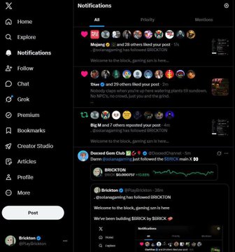 A dark-mode social media notifications page showing various alerts, mentions, and cryptocurrency-related posts.