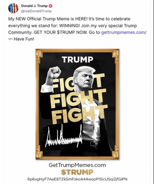 A tweet from Donald Trump promotes a "NEW Official Trump Meme" at GetTrumpMemes.com, featuring a framed "TRUMP FIGHT FIGHT FIGHT" graphic with his image, and links to the $TRUMP token contract on Solana, relating to the post's discussion of the $TRUMP memecoin's dramatic decline from its peak.