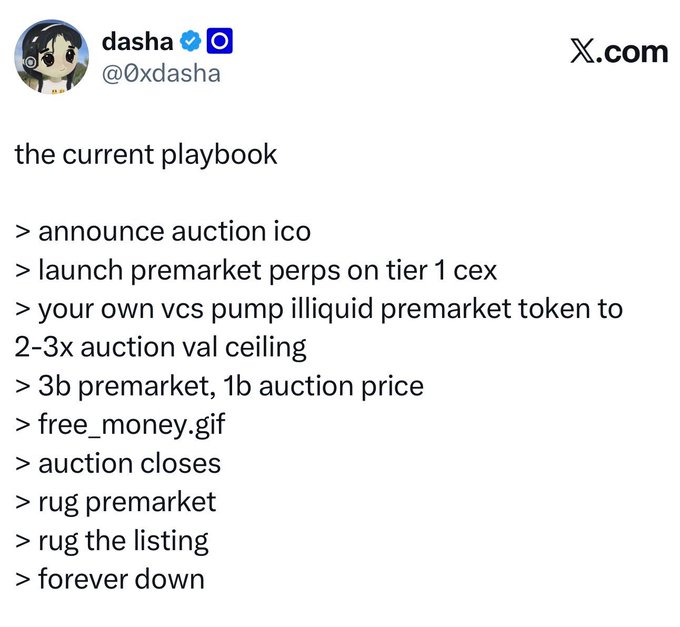 A tweet from @0xdasha outlines a crypto "playbook" detailing a predatory sequence—announcing an ICO, pumping illiquid pre-market tokens 2-3x above auction ceiling, then rugging the pre-market and listing. The post draws a parallel between this crypto scheme and traditional IPO practices like SpaceX, Anthropic, and OpenAI, suggesting both exploit retail and institutional investors in similar pump-and-dump patterns.