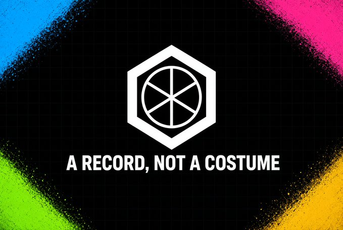 A graphic with colorful paint splatters at the corners displaying a hexagonal basketball-themed logo and the text 'A RECORD, NOT A COSTUME'.