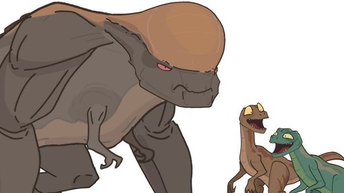 An illustration showing a large menacing creature facing two smaller, excited dinosaur-like characters.