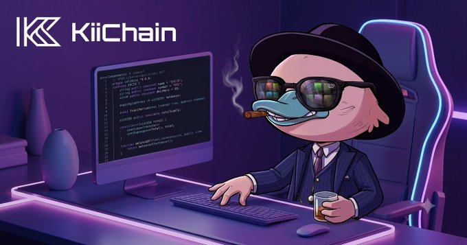 A promotional graphic for KiiChain featuring a cartoon duck character in a hat and sunglasses coding at a computer.