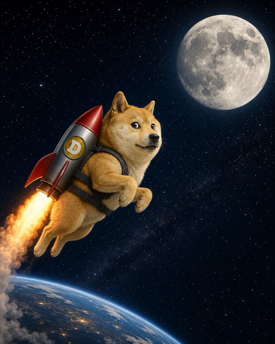 A Shiba Inu dog, iconic mascot of the Dogecoin ("D" rocket) cryptocurrency, rockets through space toward the moon, visually capturing the "to the moon" rallying cry tied to the $4.2 price target mentioned in the post.