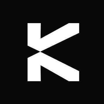 A stylized white letter 'K' logo on a black background.