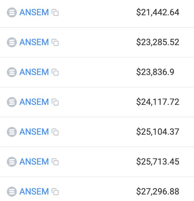 The image shows a list of transactions displaying $ANSEM token holdings or transfers with values ranging from $21,442.64 to $27,296.88, supporting the post's claim about receiving a significant $ANSEM airdrop on the Solana network. The multiple entries demonstrate the substantial allocation of tokens the user received as part of the airdrop.