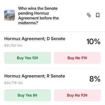 A prediction market screenshot asking 'Who wins the Senate pending Hormuz Agreement before the midterms?' showing betting odds for Democratic and Republican Senate outcomes.
