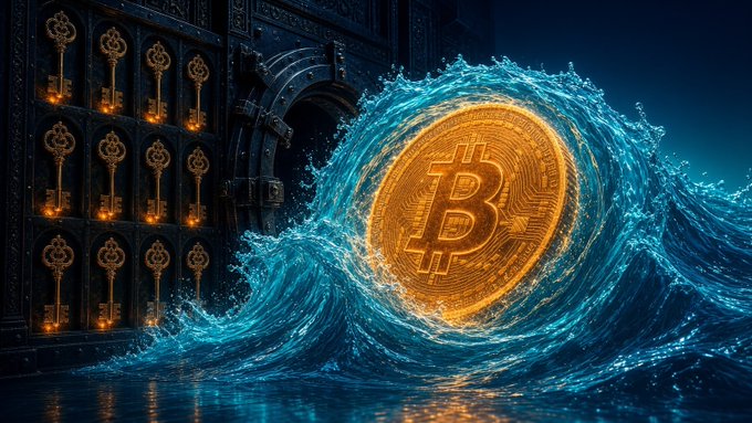 Digital art of a glowing golden Bitcoin coin amid crashing blue ocean waves in front of an ornate vault door covered in golden keys.