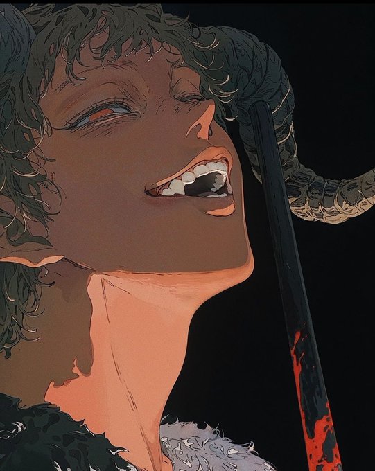 An anime-style illustration featuring a close-up of a character with ram-like horns and red eyes, smiling with teeth bared next to a bloody spear.