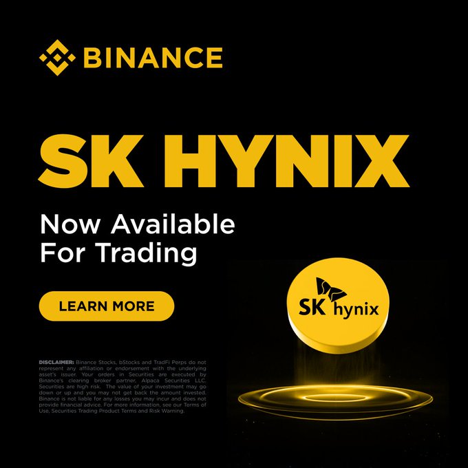 A Binance promotional graphic with a black background features the yellow "BINANCE" logo at the top and large "SK HYNIX" text in the center, with the message "Now Available For Trading" and a yellow "LEARN MORE" button. To the right is a gold coin displaying the SK hynix logo, reinforcing the announcement of SK Hynix tokenized securities (SKHYB), stock, and TradFi Perpetuals being listed on Binance Spot.