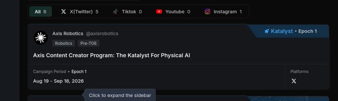 A dashboard showing an Axis Robotics (@axisrobotics) campaign titled 'Axis Content Creator Program: The Katalyst For Physical AI' on Epoch 1, running Aug 19 - Sep 16, 2026 on X.