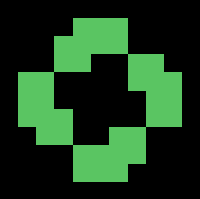 A simple digital graphic displays a pixelated green recycling symbol arranged in a circular pattern against a black background.