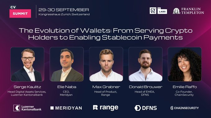 A promotional graphic for the CV Summit (29-30 September, Kongresshaus Zurich, Switzerland) panel 'The Evolution of Wallets: From Serving Crypto Holders to Enabling Stablecoin Payments' featuring Serge Kaulitz, Elie Naba, Max Grabner, Donald Brouwer, and Emilie Raffo.