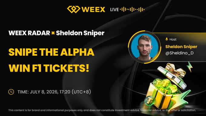 Promotional banner for "WEEX Radar × Sheldon Sniper" featuring a "Snipe the Alpha, Win F1 Tickets!" livestream scheduled for July 8, 2026, at 17:20 (UTC+8), hosted by Sheldon Sniper (@Sheldino_D) with imagery of a gift box filled with coins and F1-themed prizes, aligning with the post announcing trade setups, airdrops, and F1 race ticket prizes.