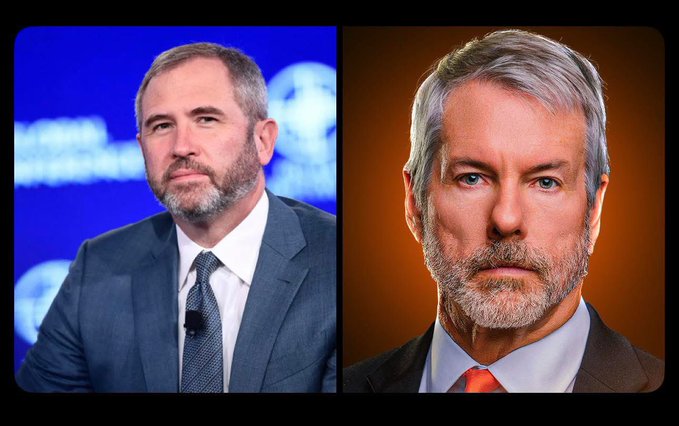 The image shows a split composition featuring two men: Brad Garlinghouse (left) and Michael Saylor (right), corresponding to the post about Garlinghouse criticizing Saylor's Bitcoin acquisition strategy through Strategy's debt-funded model while expressing his own bullish stance on Bitcoin.