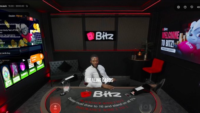 A dealer labeled "DEALING CARDS" sits at a Blackjack table branded with "Bitz," with a banner reading "WELCOME TO BITZ FEELING LUCKY?" displayed on the wall. The $2-$500 bet range shown on the table aligns with the post's promotion of live blackjack with real dealers and winnings on the Bitz platform.