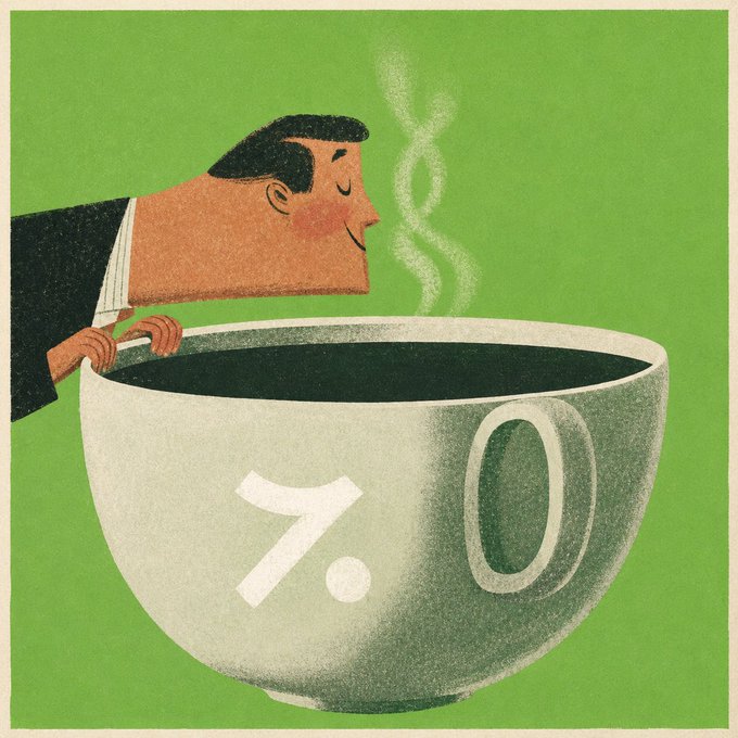 Illustration of a man in a suit leaning over an oversized coffee cup labeled "7.0" with steam rising from the dark liquid against a green background.