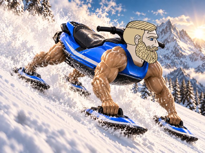 A muscular cartoon "Chad" figure skis down a snowy mountain slope on blue skis, embodying the bold, energetic spirit of the $CHAD meme coin. The image humorously captures the adventurous, alpha persona the post is referencing.