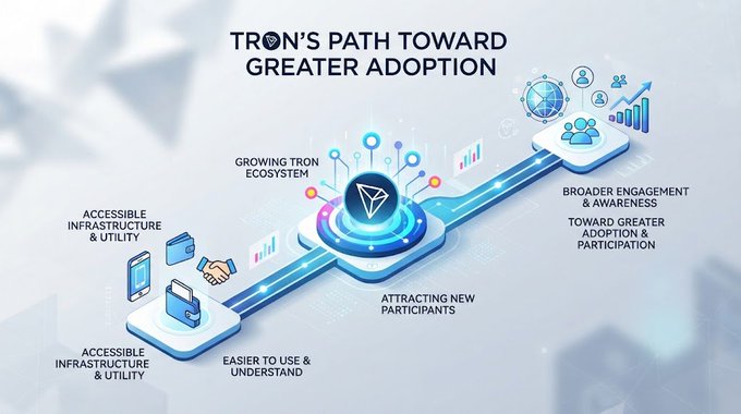 An infographic titled 'TRON'S PATH TOWARD GREATER ADOPTION' illustrates a timeline from 'GROWING TRON ECOSYSTEM' to 'BROADER ENGAGEMENT & AWARENESS TOWARD GREATER ADOPTION & PARTICIPATION' with the TRON logo.