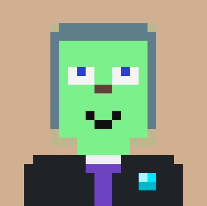 A pixel art illustration of a green-skinned character with blue hair, wearing a black suit and purple tie, set against a peach background.
