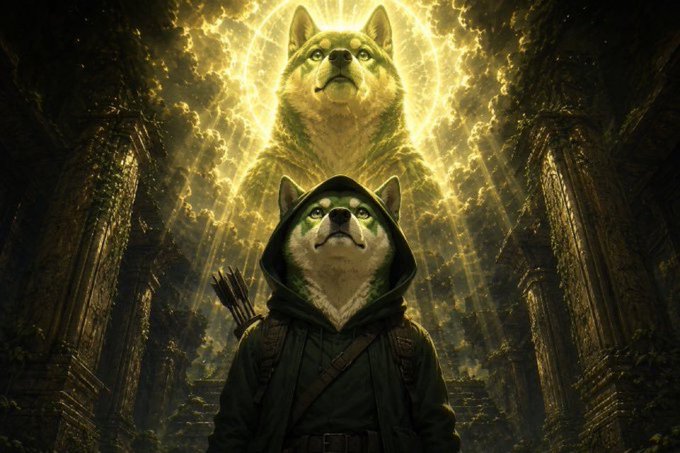 A hooded, green-tinted husky archer stands in a misty, mystical forest, gazing upward at a glowing divine husky spirit emanating golden light overhead—imagery fitting the $WOOF meme token hype, symbolizing the "green candle season" through the dog's ascending, almost messianic ascent.