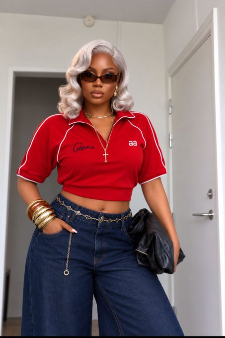 A stylish woman with silver hair and sunglasses poses in a red 'California' zip-up top and denim jeans, accessorized with a gold chain belt and bangles.