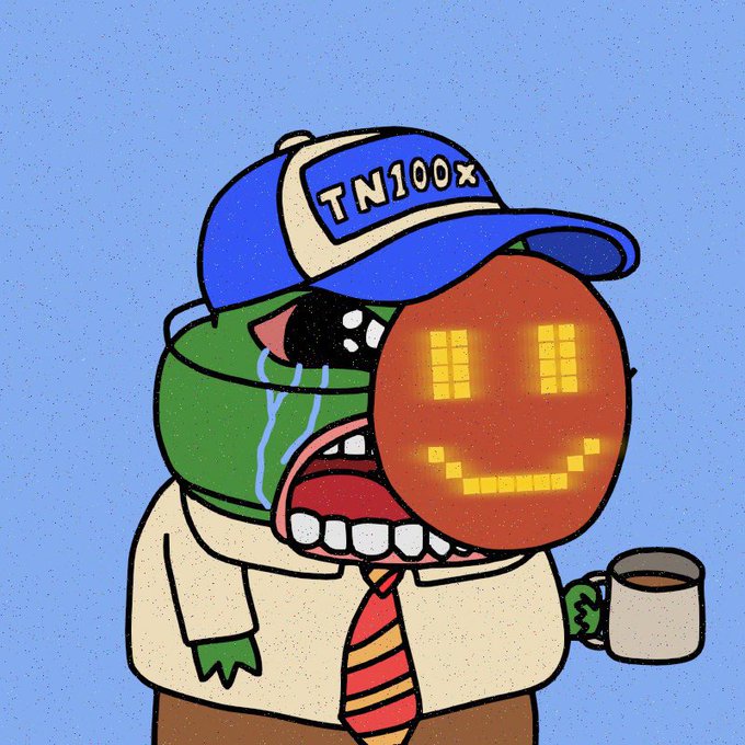 A cartoon illustration of a crying green creature wearing a cap labeled 'TN100x' and a striped tie, holding a coffee mug, with a pixelated smiley face obscuring its eyes.