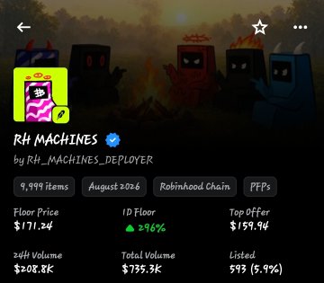 A marketplace listing for 'RH MACHINES' by RH_MACHINES_DEPLOYER showing a floor price of $171.24, 24H volume of $208K, and total volume of $735.3K.
