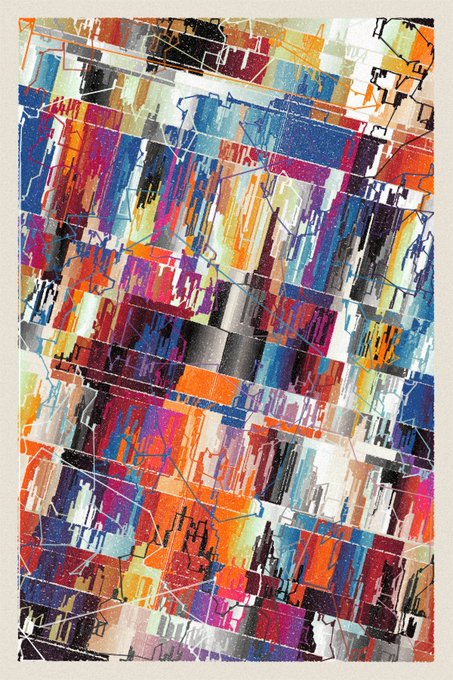 An abstract artwork featuring a collage of vibrant, multicolored rectangular blocks arranged in a brick-like pattern with watercolor-like textures and dripping paint effects.