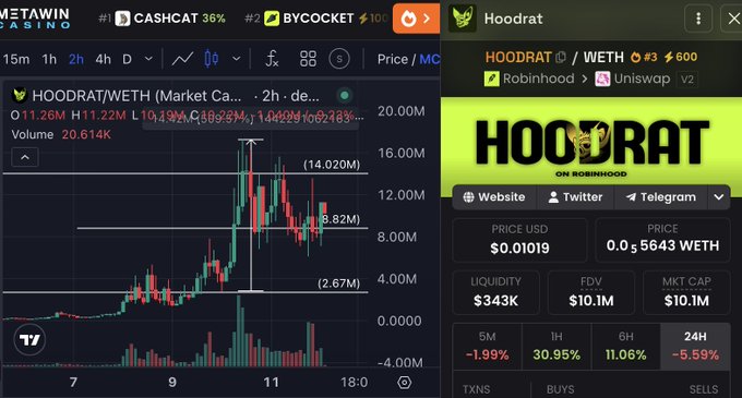 A DexScreener chart shows $HOODRAT/WETH on the Robinhood chain with a market cap rising from approximately $2.6M to $11.26M, currently priced at $0.01019 (0.005643 WETH) with $343K liquidity. The image visually confirms the post's claim of 6x profits, illustrating the token's rapid ascent to a $10.1M market cap and its emergence as a top meme on the Robinhood chain alongside $CASHCAT.