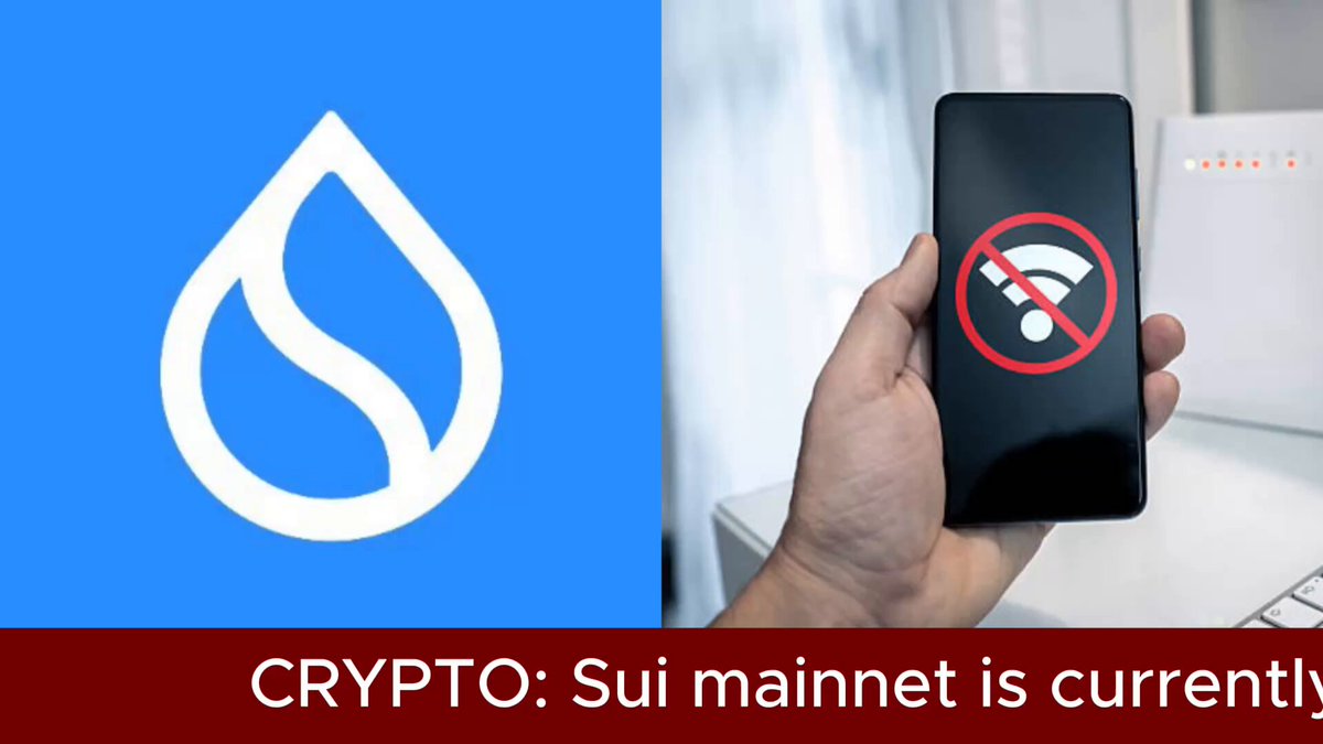 The image shows a hand holding a cell phone, which has a red "no" symbol on its screen indicating that it's not currently allowed to connect to the internet or use certain apps. The background of the image features a blue logo for Crypt.org, suggesting that this might be related to an issue with the Crypt network. The post also mentions that the mainnet is currently experiencing a total network stall and that the Sui Core team is investigating the cause.