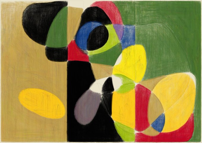 An abstract painting featuring geometric shapes in bold colors including black, red, yellow, blue, green, and olive/tan, with curved and angular forms creating a composition reminiscent of mid-20th century modernist art.