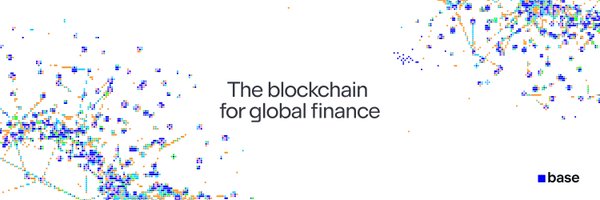 The image features a white banner with blue text that reads "The BLOCKCHAIN FOR GLOBAL FINANCE" at the top of the image. Below this, there are two lines of text written in black, one reading "base" and the other saying "Learn the basics of Blockchain, Ethereum, JavaScript, React, and Solidity". The image also includes a small blue circle with a line through it, which is likely meant to represent a button or link that would take viewers to more information about the post.