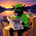 Cartoon illustration of an anthropomorphic green character wearing sunglasses and reading a newspaper at a desk against a sunset waterfront background.
