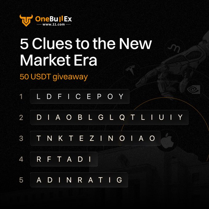 A promotional graphic from OneBullEx (www.11.com) titled "5 Clues to the New Market Era — 50 USDT giveaway," featuring five rows of scrambled letter sequences (LDFICEPOY, DIAOBLGLQTLIUIY, TNKTEZINOIAO, RFTADI, ADINRATIG) set against a dark background with a robotic hand image, aligning with the tweet's call for participants to RT & Like for a chance to win $50 USDT.