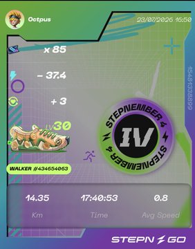 A screenshot from the STEPN GO app showing an NFT profile for 'Octpus' with a Walker sneaker NFT, displaying stats like 14.35 Km, 17:40:53 Time, and 0.8 Avg Speed.