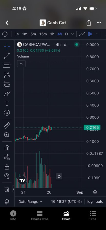 The image shows a TradingView chart of the CASHCAT/W... trading pair on a 4-hour timeframe, currently priced at 0.2165 with an 8.68% gain, accompanied by volume bars below. The chart appears to depict a recent upward move from around 0.10 to over 0.20, suggesting a significant price surge that could align with the post's warning about volatile funding rates and small open interest (OI) creating a "legendary set up" before normalization.
