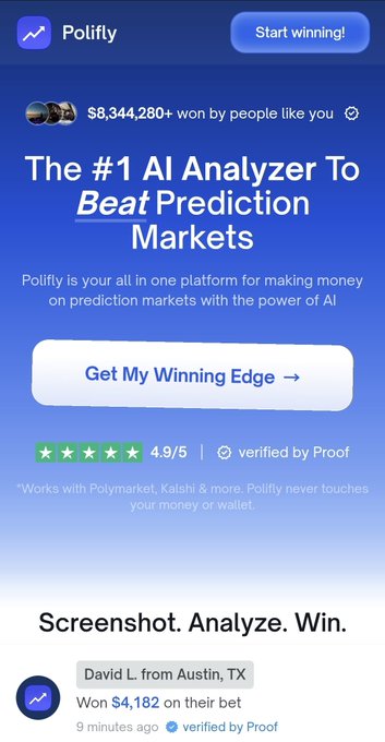 A mobile web ad for Polifly, an AI prediction market analyzer showing $8,344,280+ won, a 4.9/5 star rating, and testimonials like 'David L. from Austin, TX Won $4,182'.