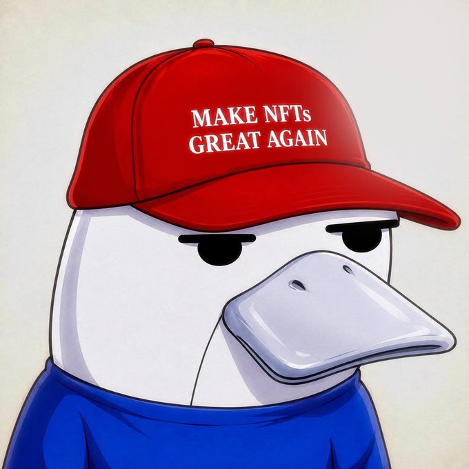 A cartoon duck with a smug, half-lidded expression wears a red MAGA-style cap that reads "MAKE NFTs GREAT AGAIN" and a blue shirt. The image humorously parodies political campaign imagery to rally support for NFTs, matching the post's energetic cry to restore the NFT market's former glory.