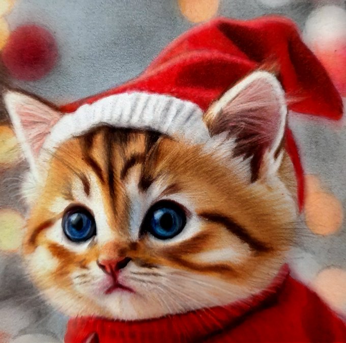 A close-up, realistic painting of a cute orange tabby kitten with large blue eyes wearing a red and white Santa hat and sweater, set against a bokeh background.