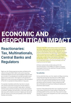 A document titled "ECONOMIC AND GEOPOLITICAL IMPACT" with sections on "Reactions: Tax, Multinationals, Central Banks and Regulators" and "Tax authorities" discussing Ripple's digital asset, referencing the PBOC and Chinese Central bank, with handwritten notes including "Documented 2x." at the top, relating to the accompanying post about Ripple and the PBOC.