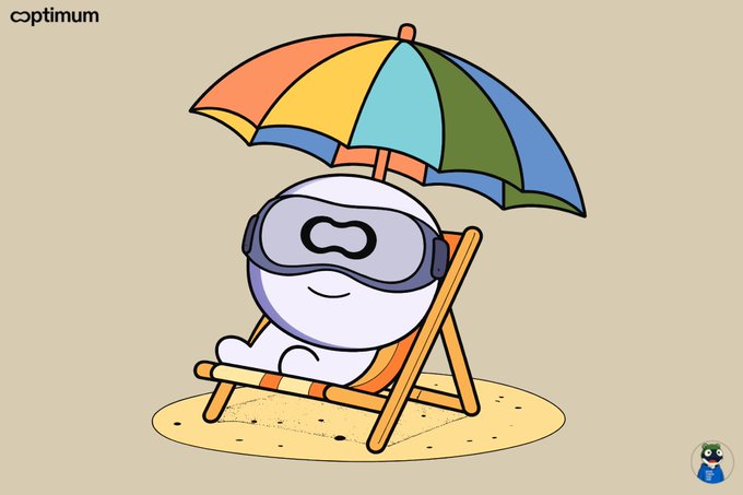 A cartoon illustration of a cute, pill-shaped character wearing VR goggles and relaxing on a beach chair under a colorful umbrella, with the 'coptimum' logo in the corner.